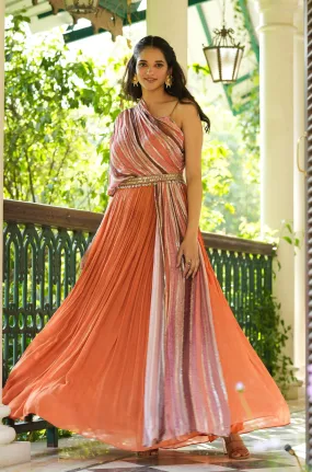 Rust Chinon Silk Sequinned Party Gown With Belt And Attached One-Shoulder Cape & Drape