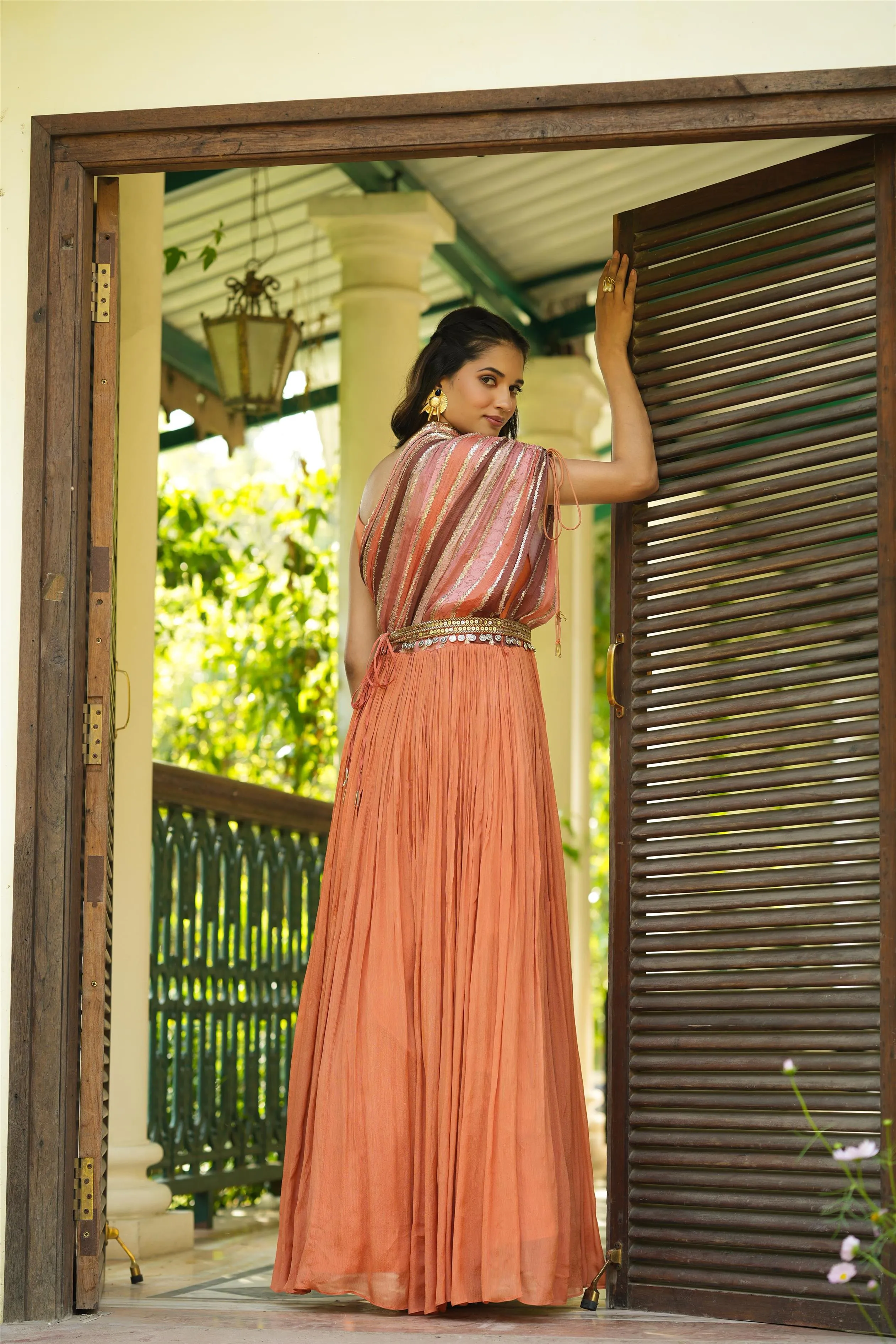 Rust Chinon Silk Sequinned Party Gown With Belt And Attached One-Shoulder Cape & Drape