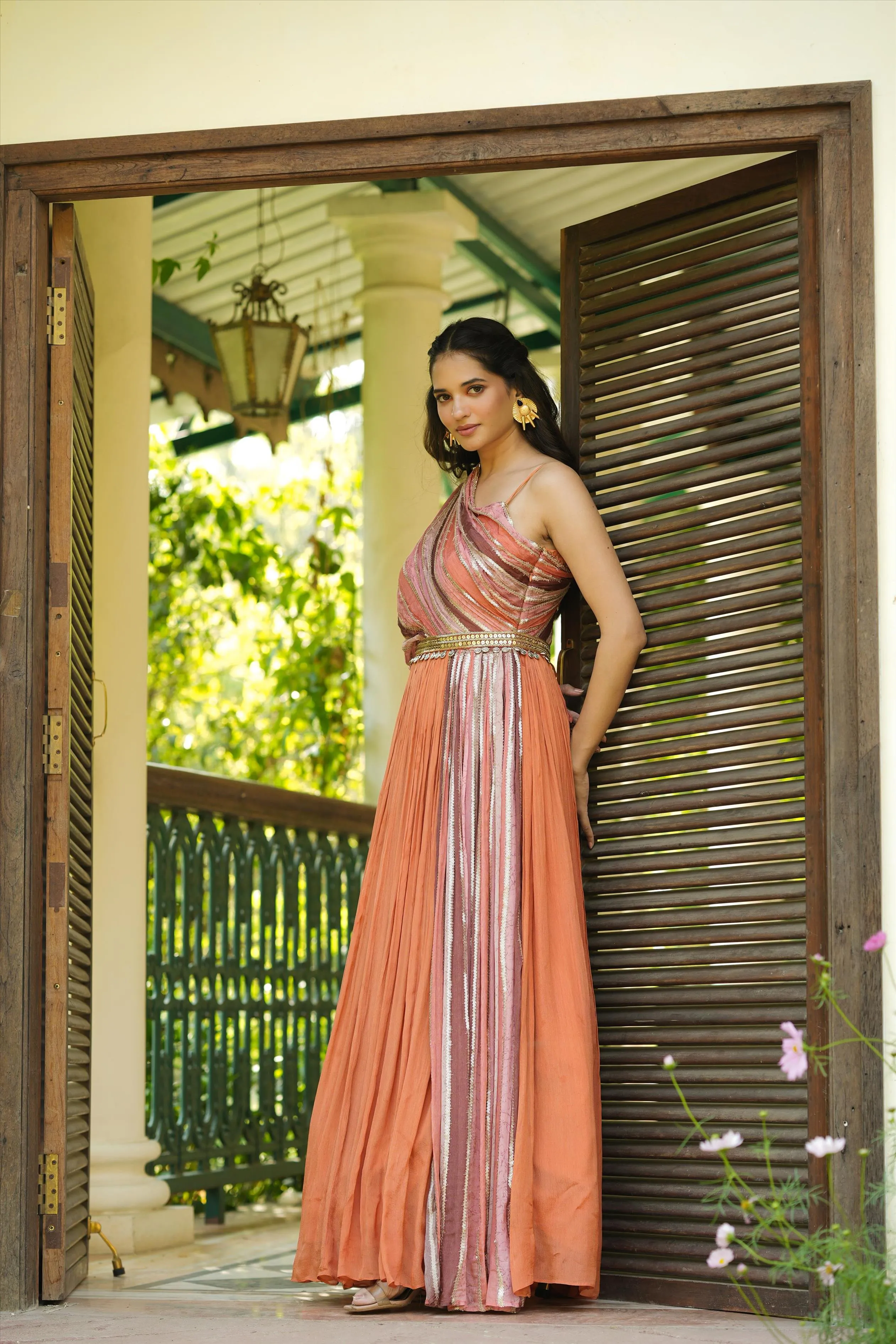 Rust Chinon Silk Sequinned Party Gown With Belt And Attached One-Shoulder Cape & Drape
