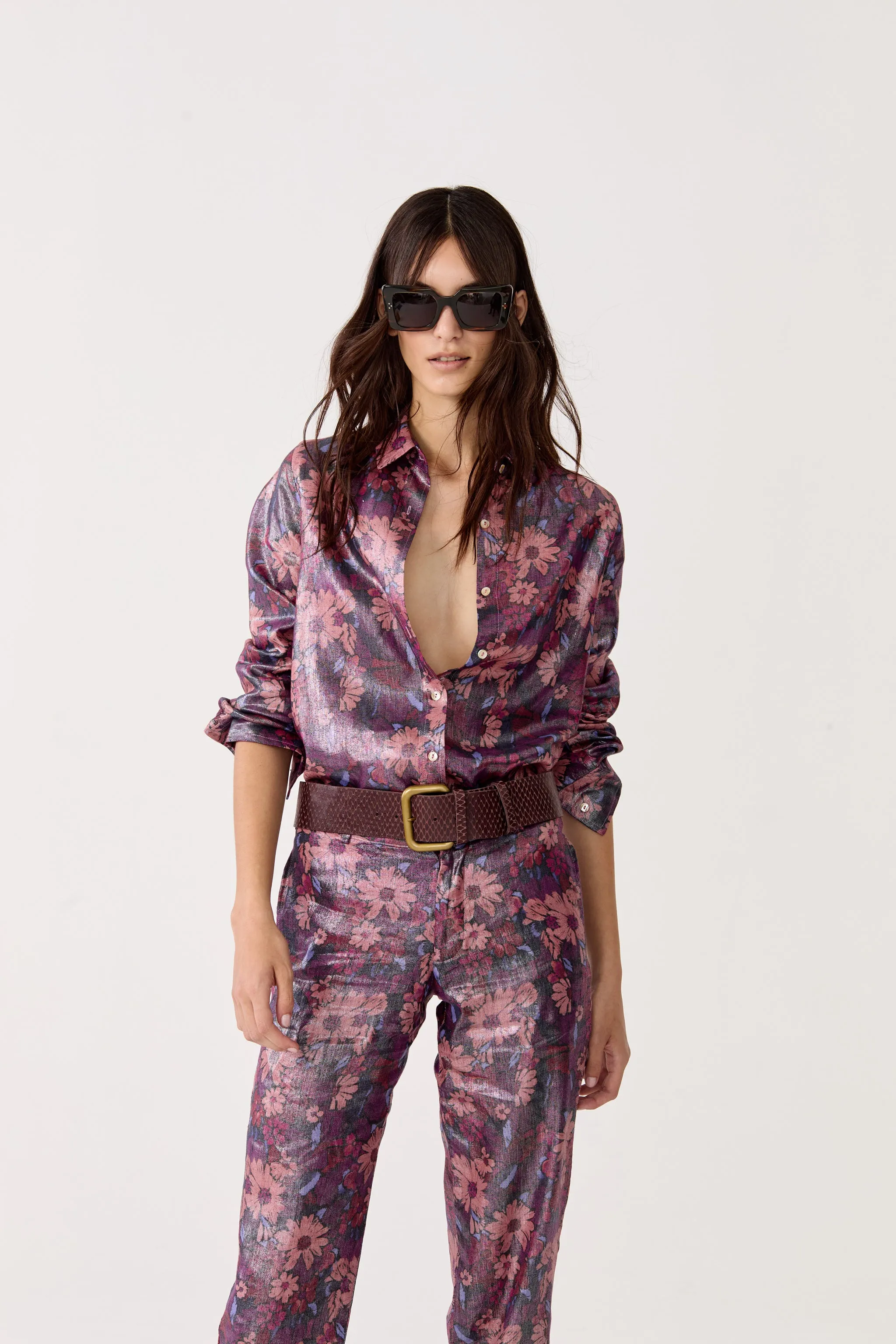 San Marino Metallic Linen Shirt - Gerbera Print