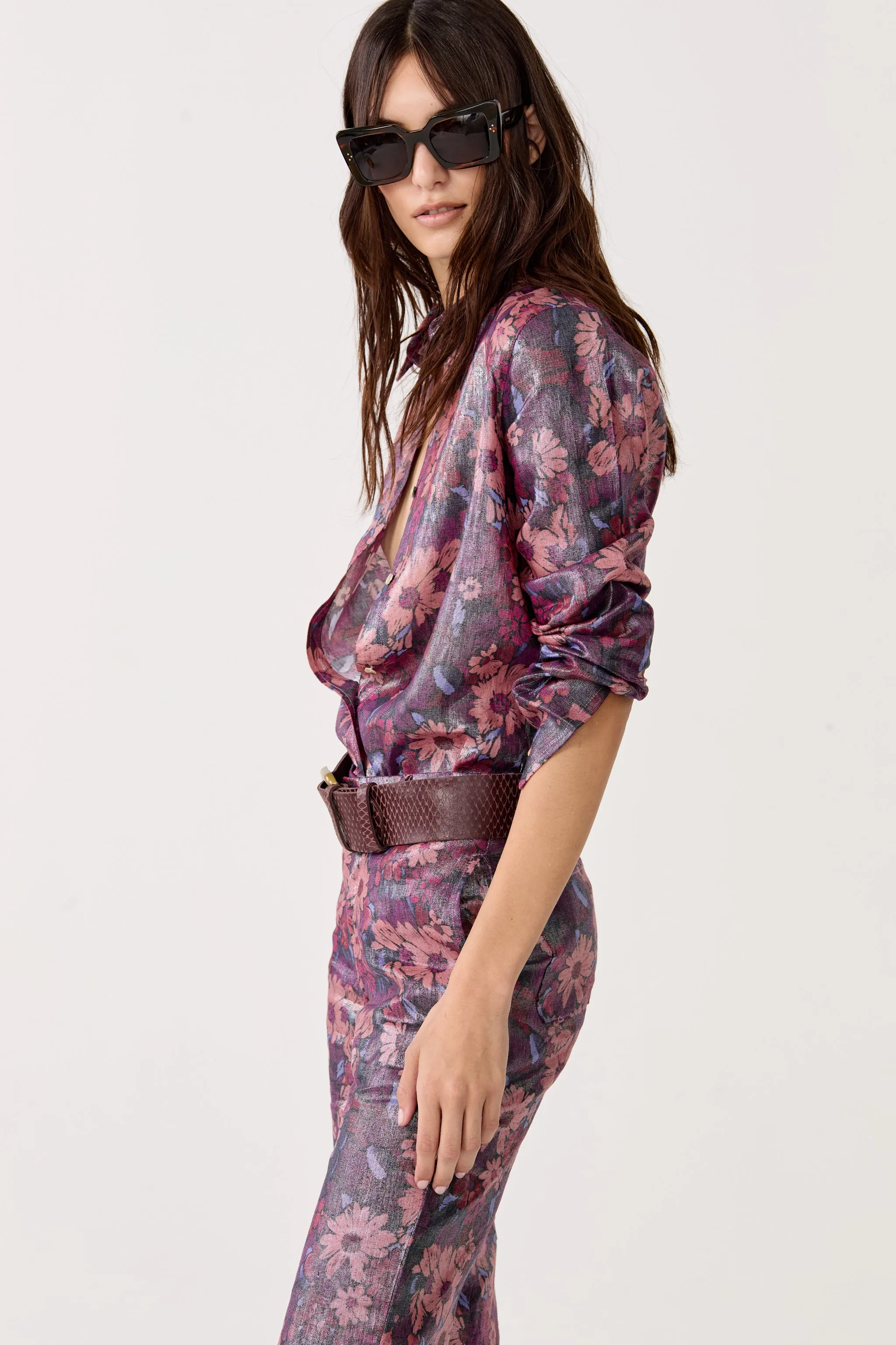 San Marino Metallic Linen Shirt - Gerbera Print