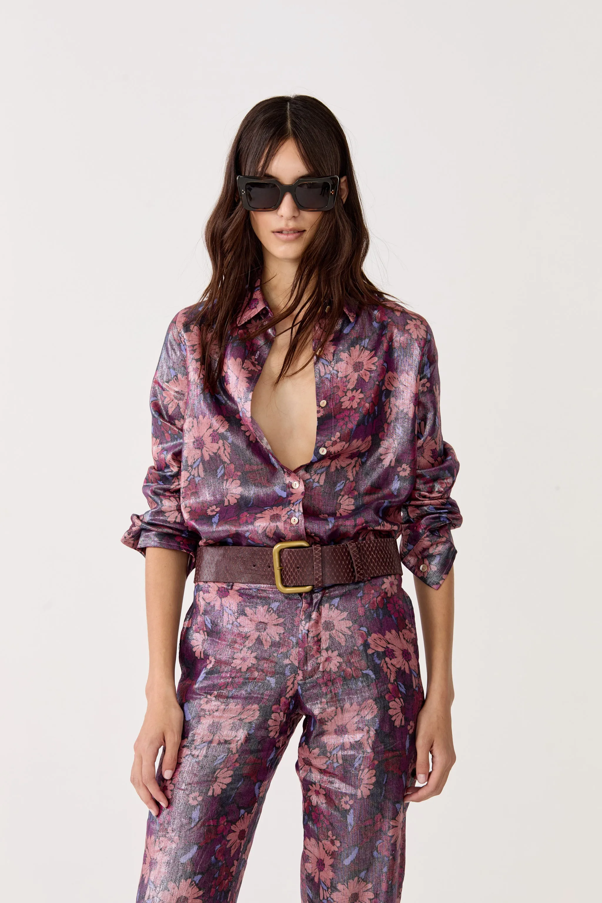 San Marino Metallic Linen Shirt - Gerbera Print