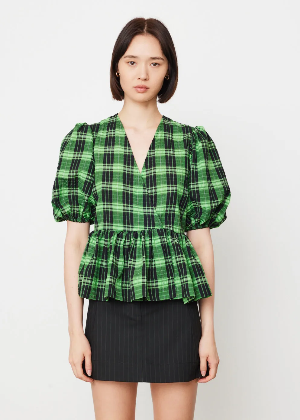 Seersucker Check Wrap Blouse