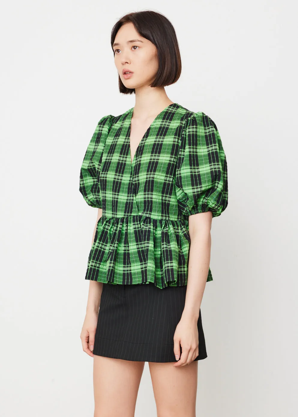 Seersucker Check Wrap Blouse