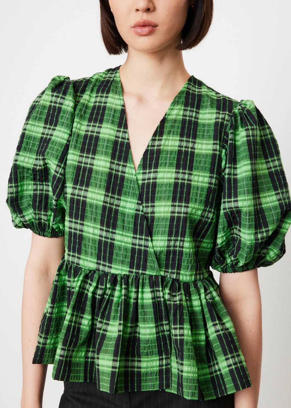 Seersucker Check Wrap Blouse