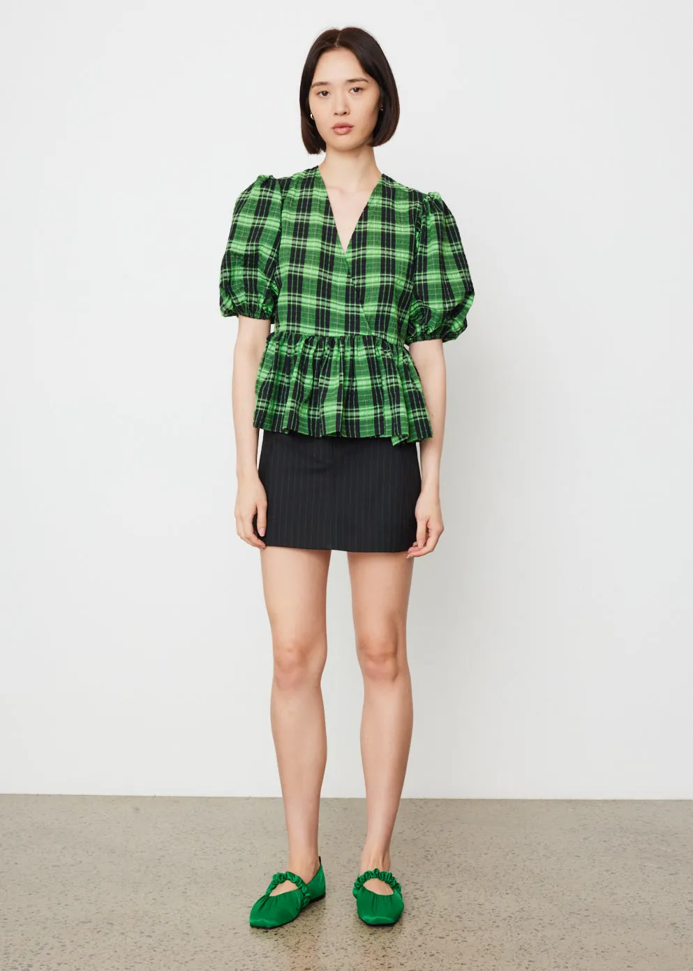 Seersucker Check Wrap Blouse