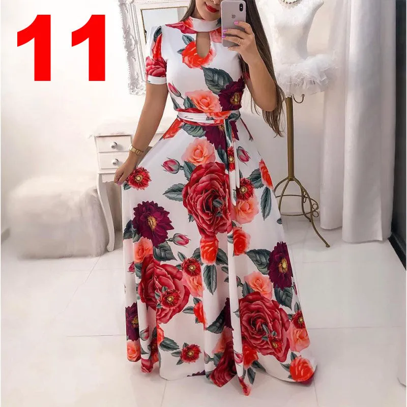 Sexy Fashion Digital Short Sleeve Printing Large Swing Dress