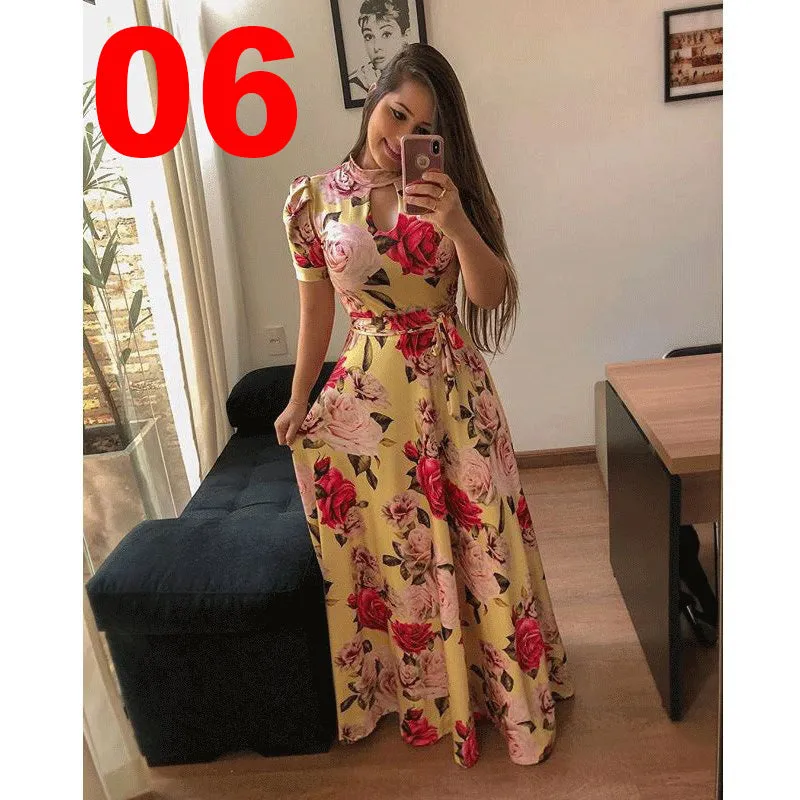 Sexy Fashion Digital Short Sleeve Printing Large Swing Dress