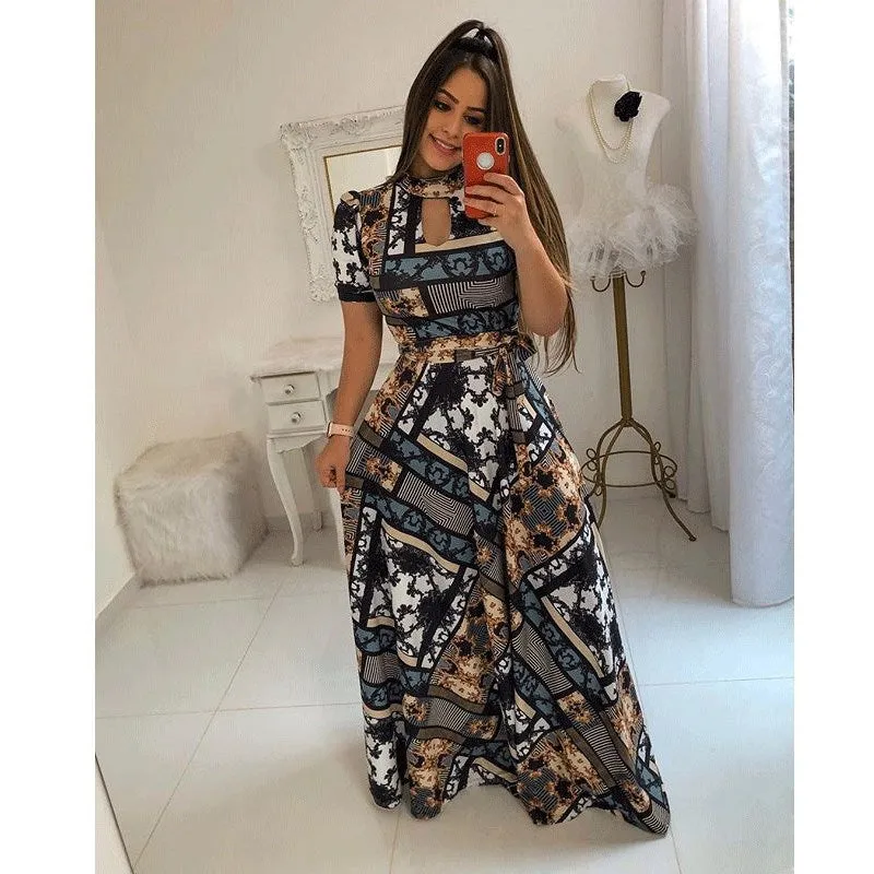 Sexy Fashion Digital Short Sleeve Printing Large Swing Dress