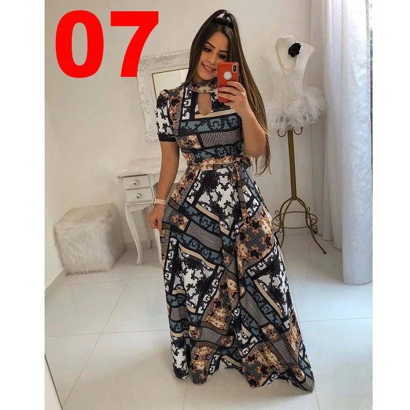 Sexy Fashion Digital Short Sleeve Printing Large Swing Dress