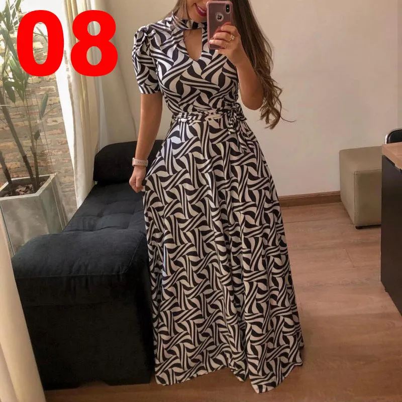 Sexy Fashion Digital Short Sleeve Printing Large Swing Dress
