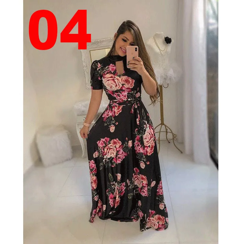 Sexy Fashion Digital Short Sleeve Printing Large Swing Dress