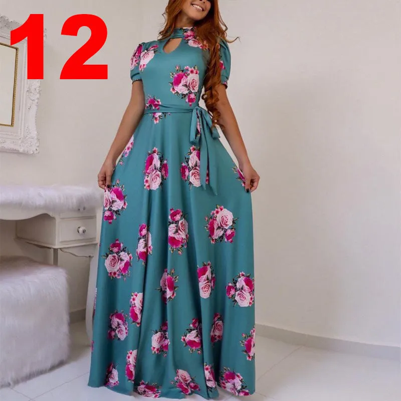 Sexy Fashion Digital Short Sleeve Printing Large Swing Dress
