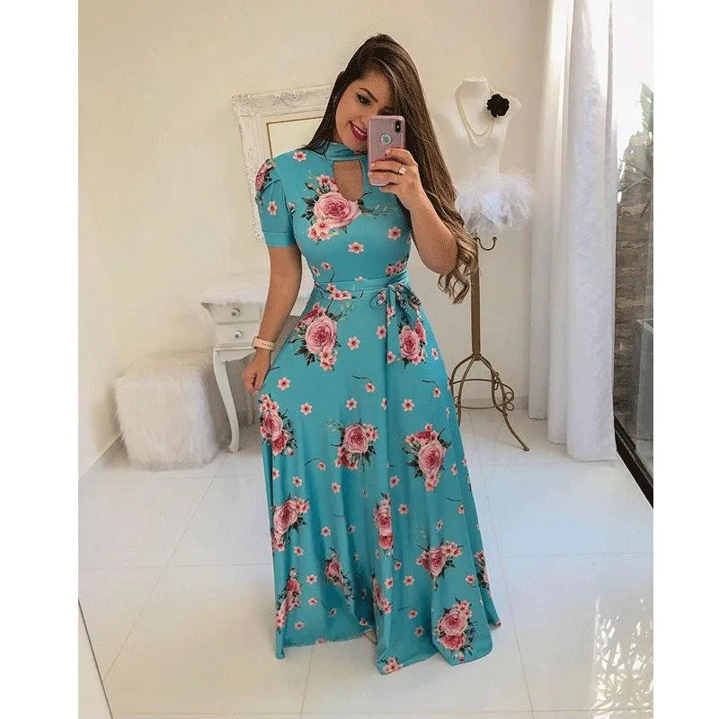 Sexy Fashion Digital Short Sleeve Printing Large Swing Dress