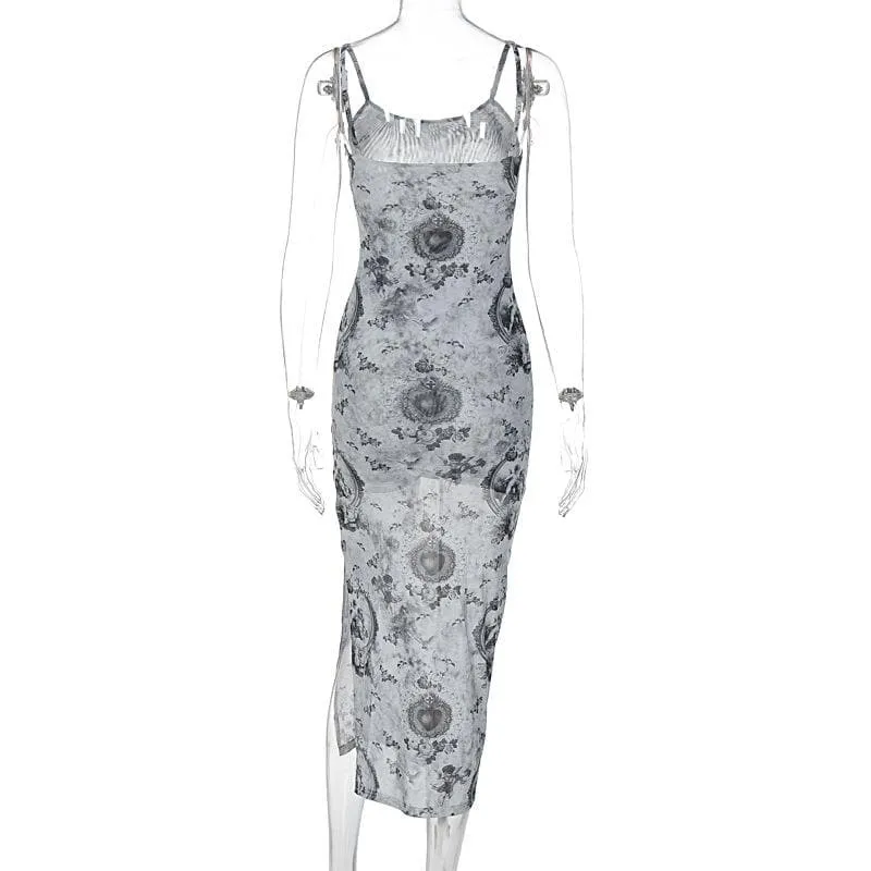 Slit contrast print sheer mesh see through u neck cami midi dress  | samba dress