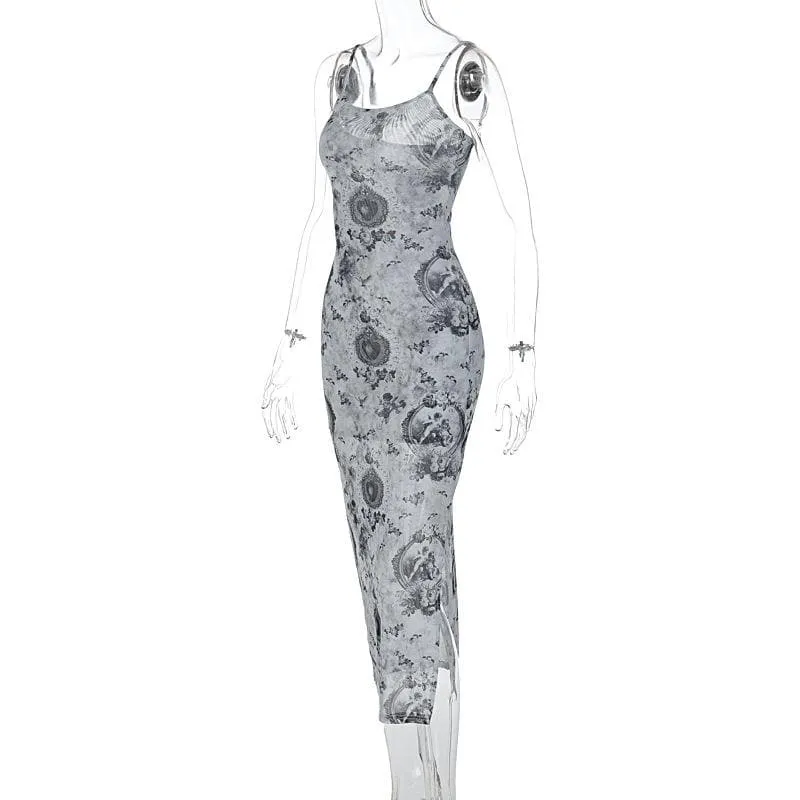Slit contrast print sheer mesh see through u neck cami midi dress  | samba dress