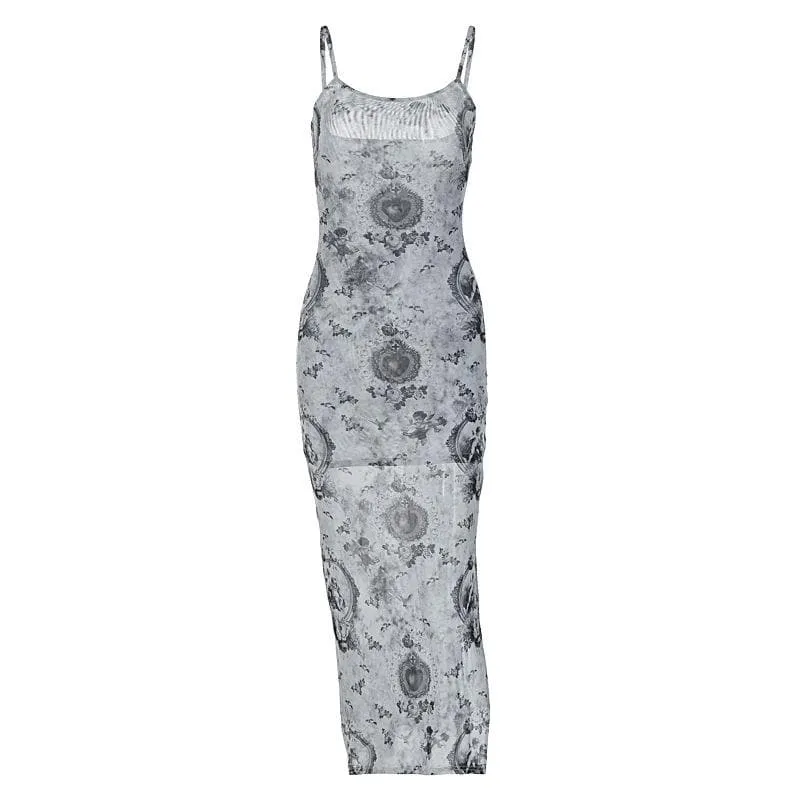 Slit contrast print sheer mesh see through u neck cami midi dress  | samba dress