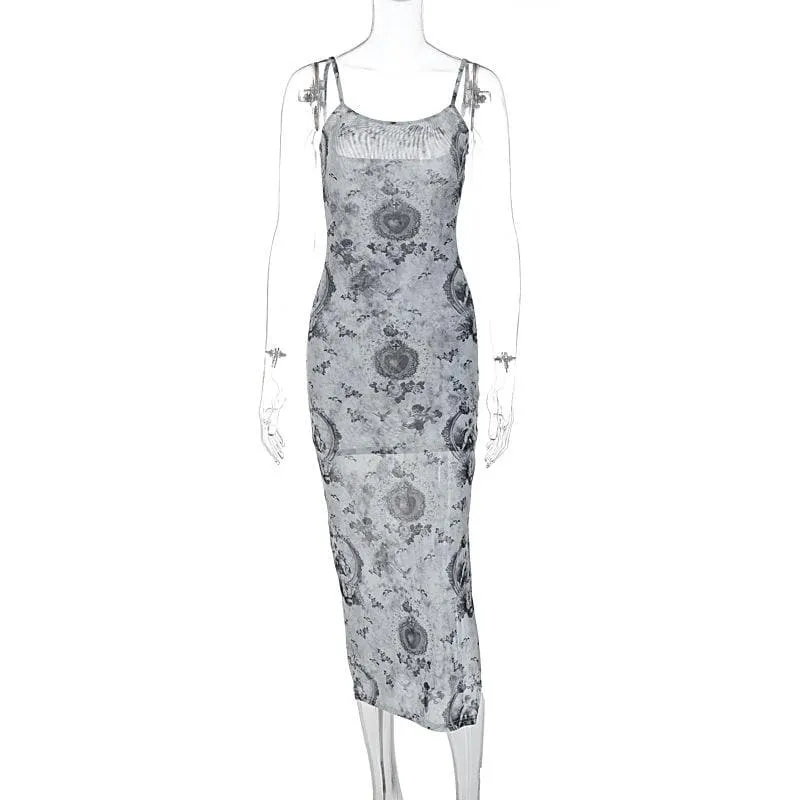 Slit contrast print sheer mesh see through u neck cami midi dress  | samba dress