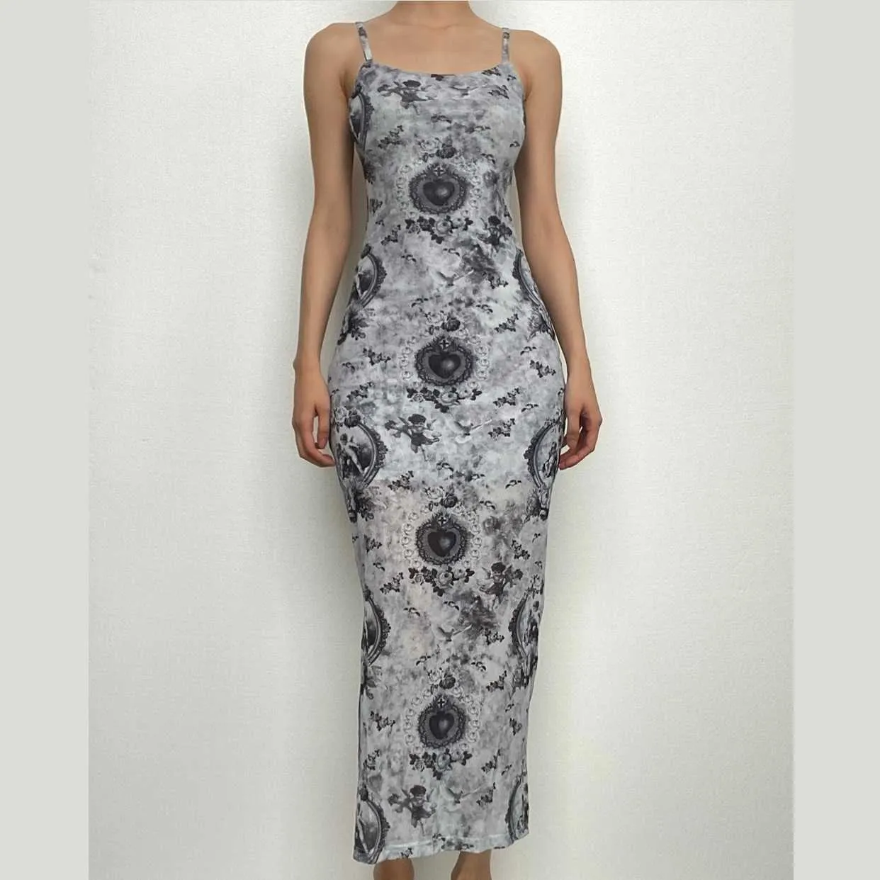 Slit contrast print sheer mesh see through u neck cami midi dress  | samba dress