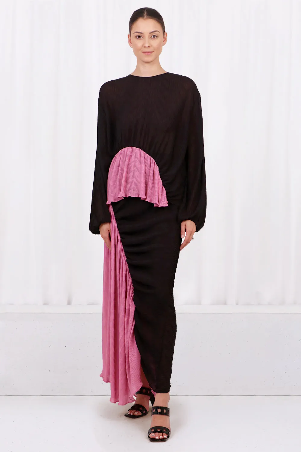 SOFI RUCHED BLOUSE LONG SLEEVE | BLACK/PINK