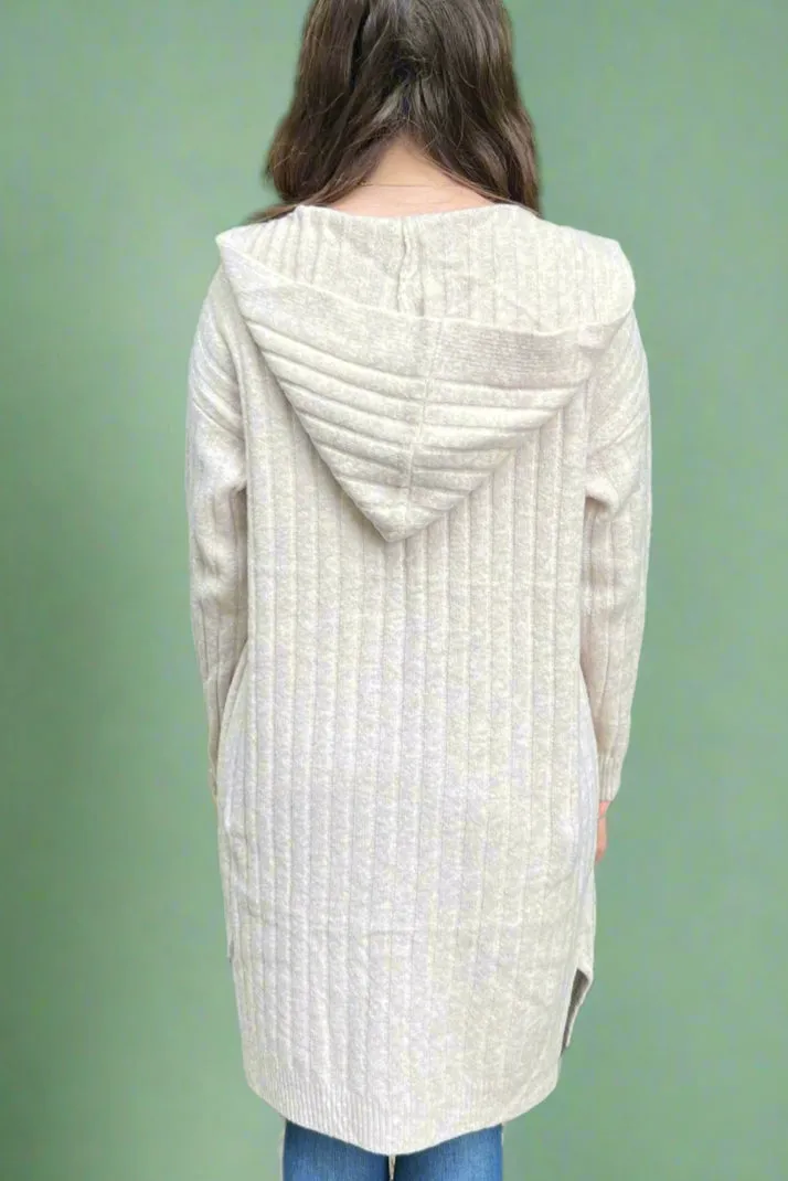 Soft Ribbed Hooded Cardigan - Beige