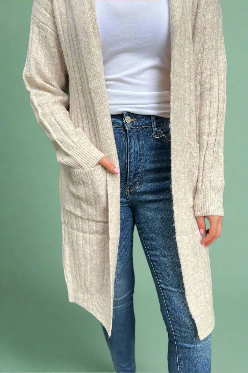 Soft Ribbed Hooded Cardigan - Beige