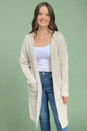 Soft Ribbed Hooded Cardigan - Beige