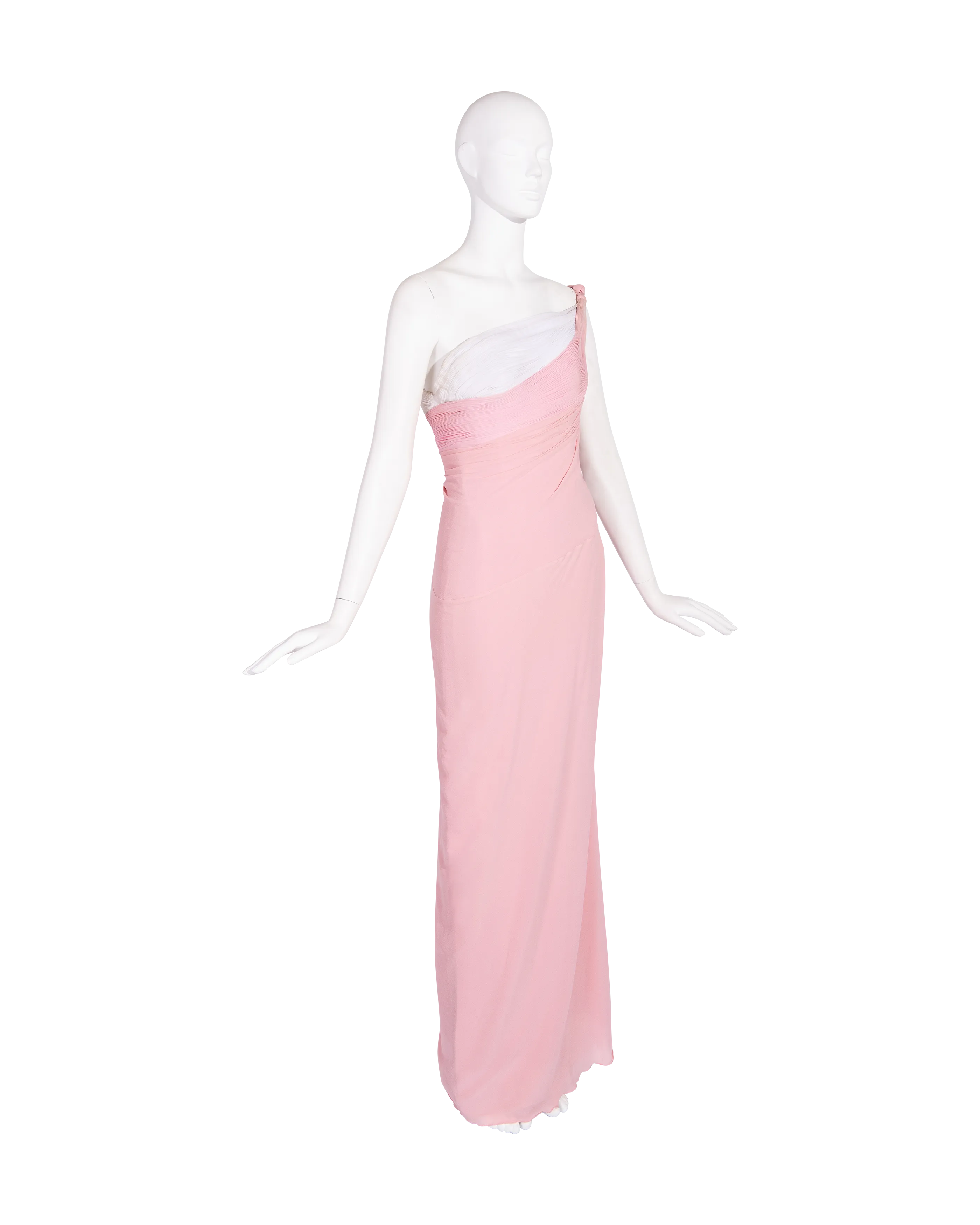 S/S 1963 Haute Couture Hand-Pleated One-Shoulder Pink and Cream Gown