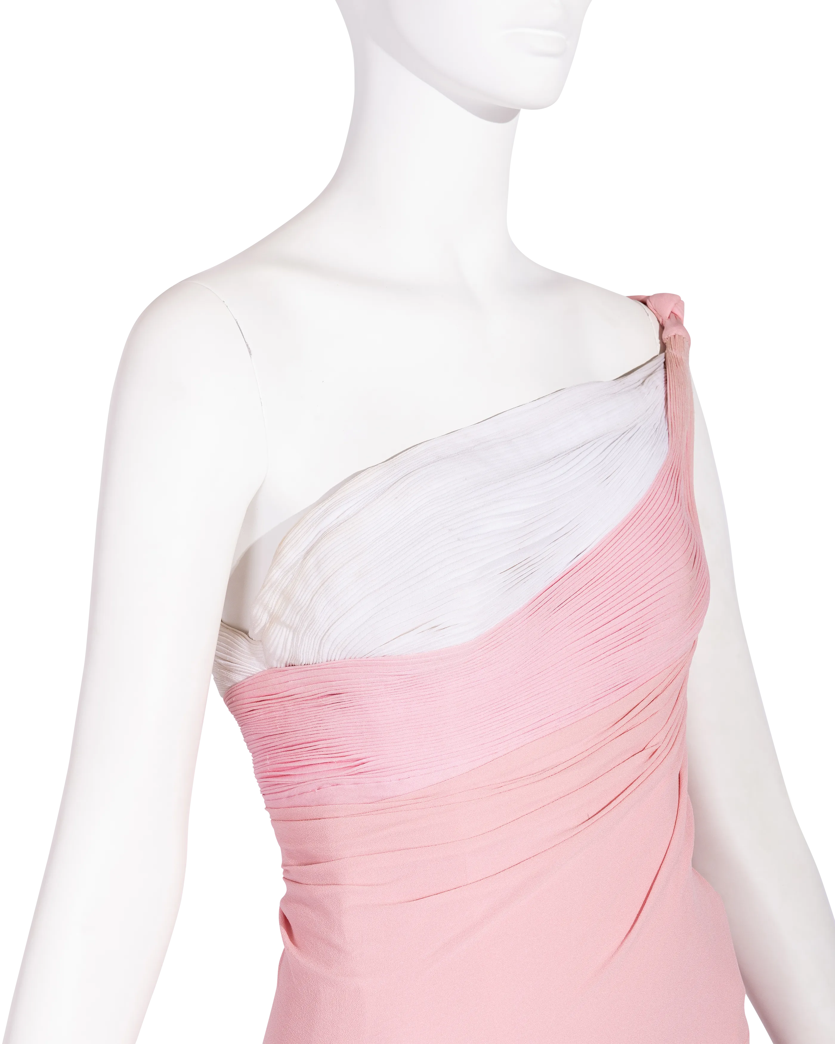 S/S 1963 Haute Couture Hand-Pleated One-Shoulder Pink and Cream Gown