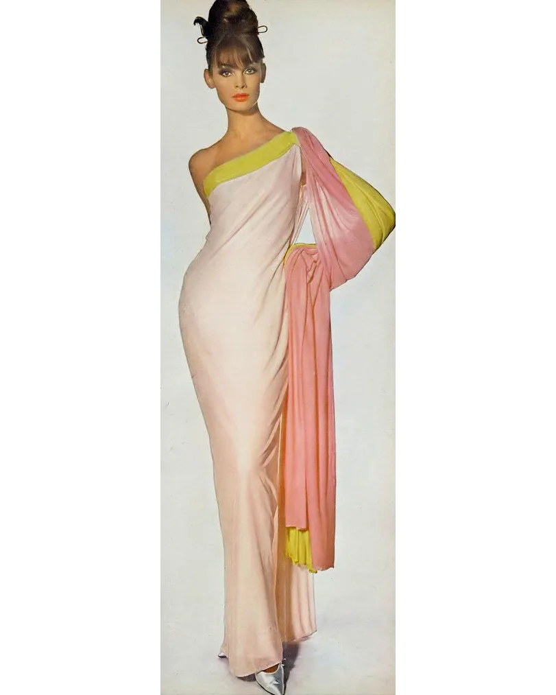 S/S 1963 Haute Couture Hand-Pleated One-Shoulder Pink and Cream Gown