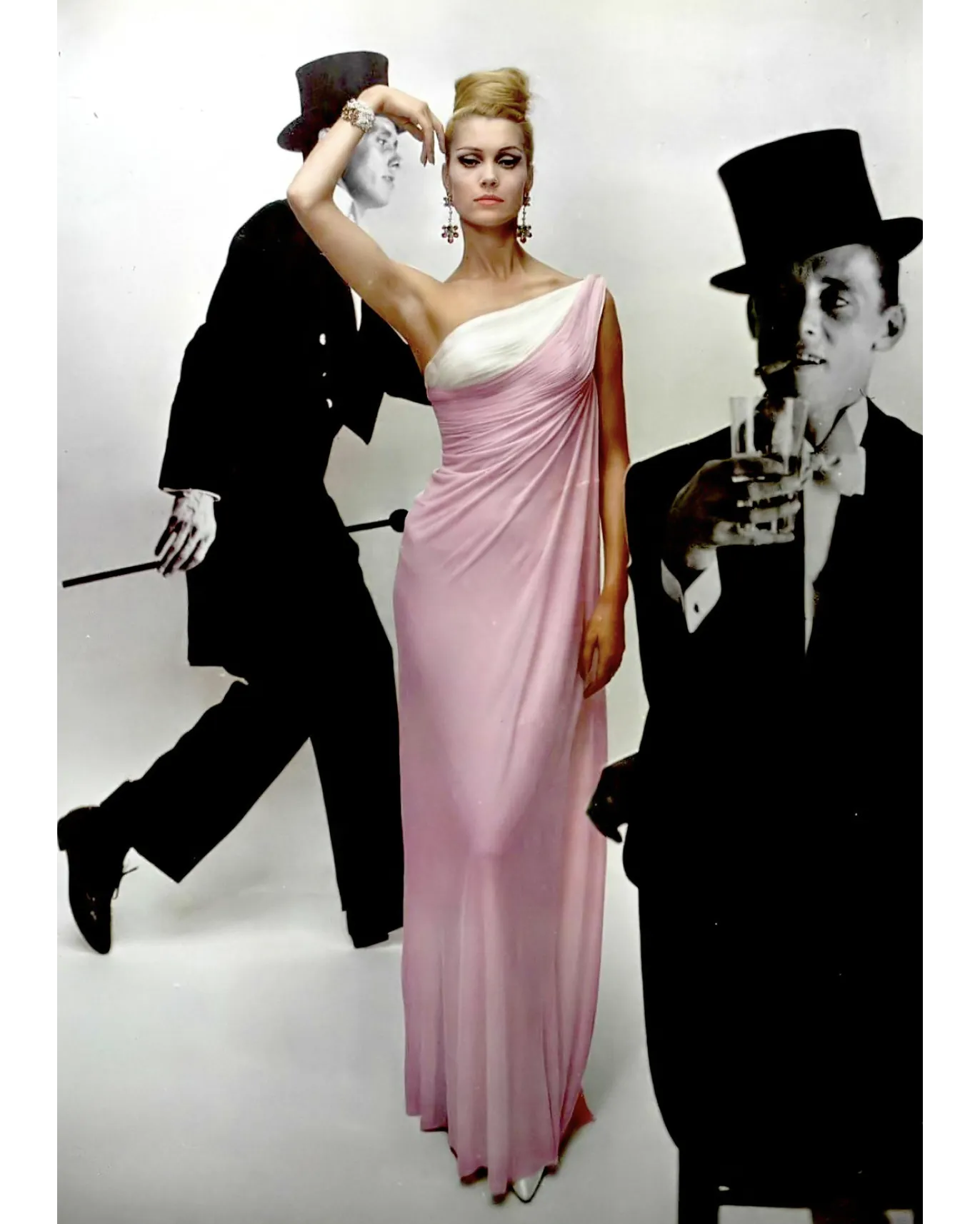 S/S 1963 Haute Couture Hand-Pleated One-Shoulder Pink and Cream Gown