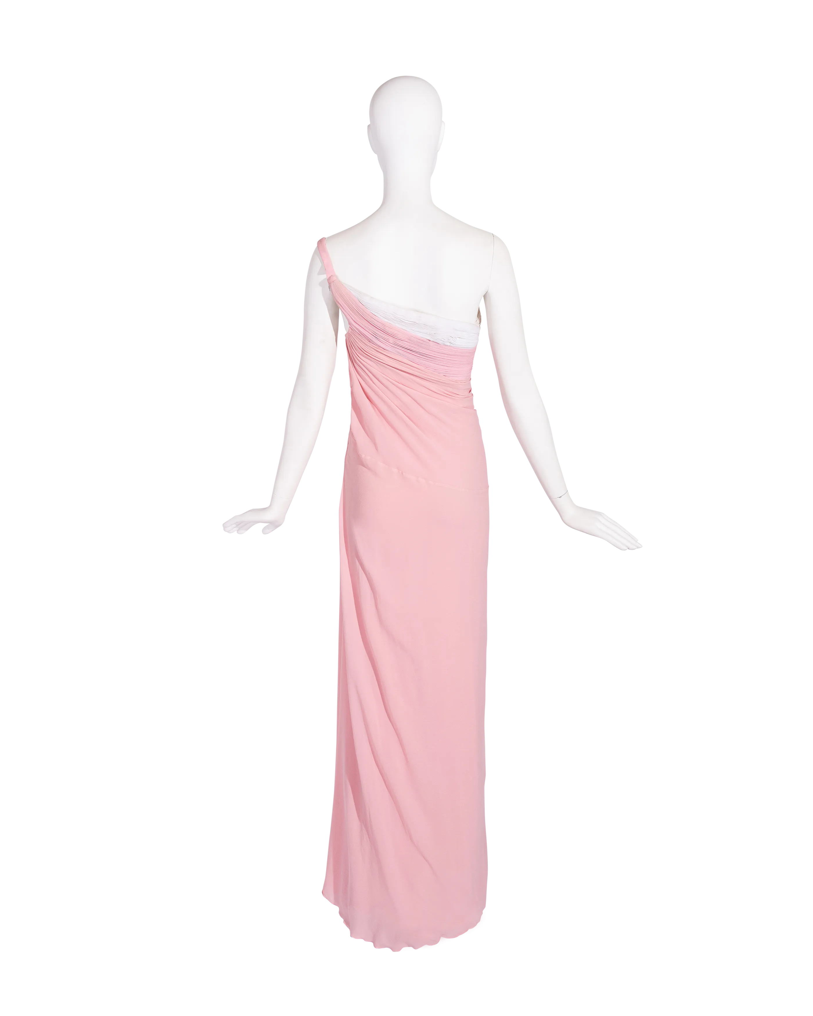 S/S 1963 Haute Couture Hand-Pleated One-Shoulder Pink and Cream Gown