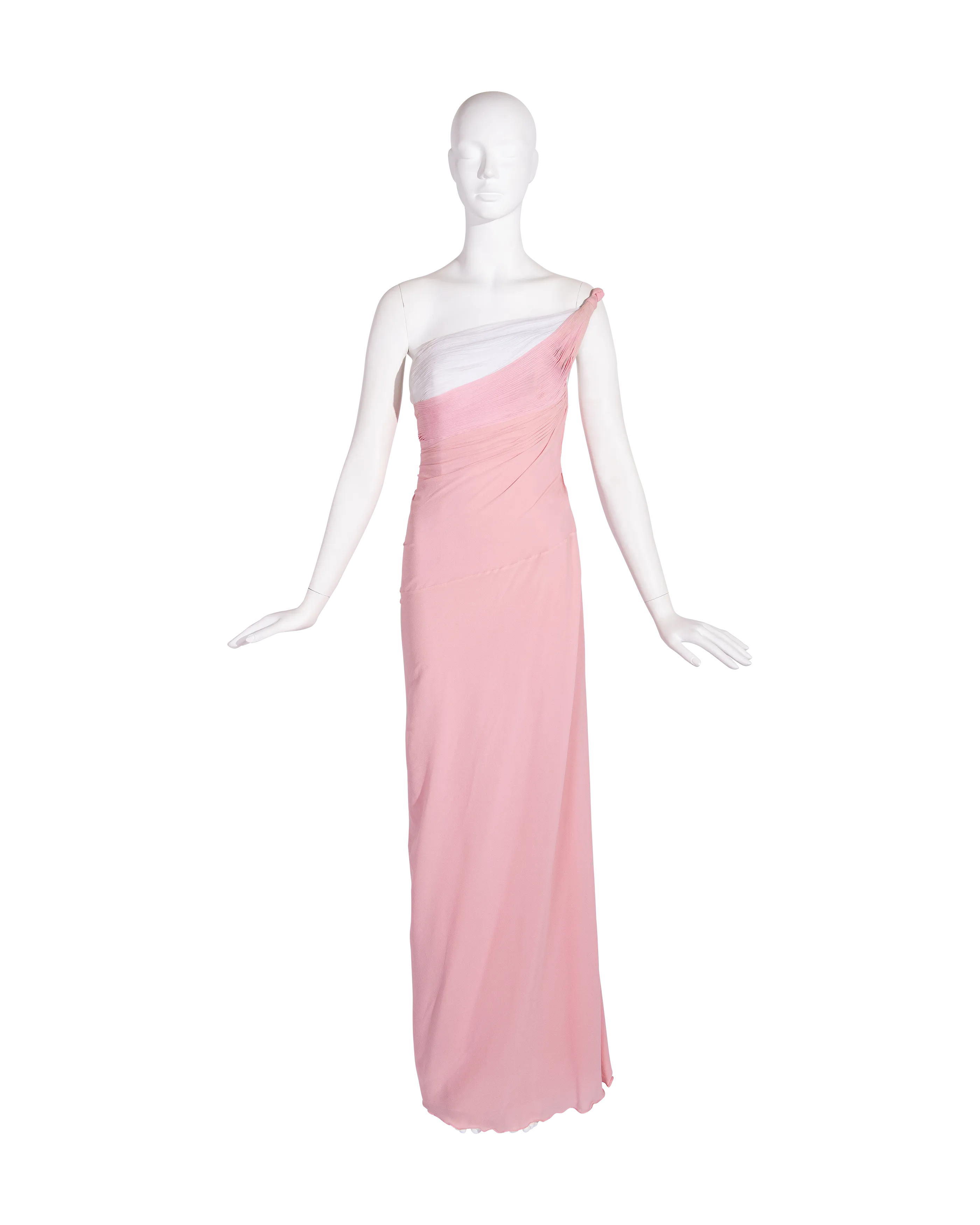 S/S 1963 Haute Couture Hand-Pleated One-Shoulder Pink and Cream Gown