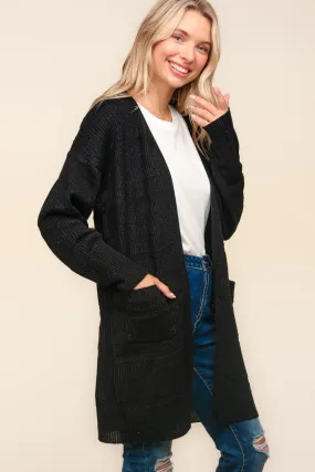 Stripe Textured Open Cardigan with Pockets in Black - Haptics