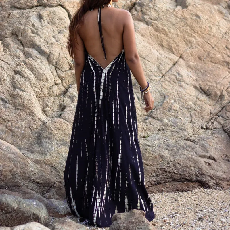 Summer sexy sleeveless halterneck lace-up open-back print dress