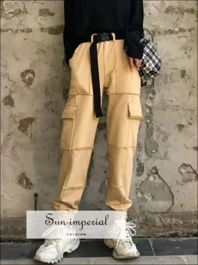 Sun-imperial Women beige Elasticated Waist Pintuck Sweatpants with Pockets Details Lightweight Cargo