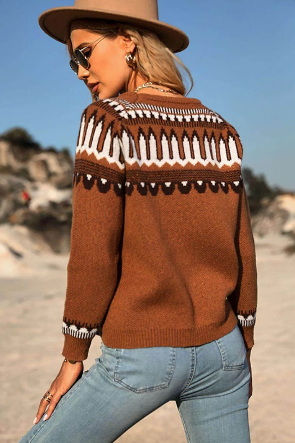 Sweet And Casual Patterned Round Neck Sweater
