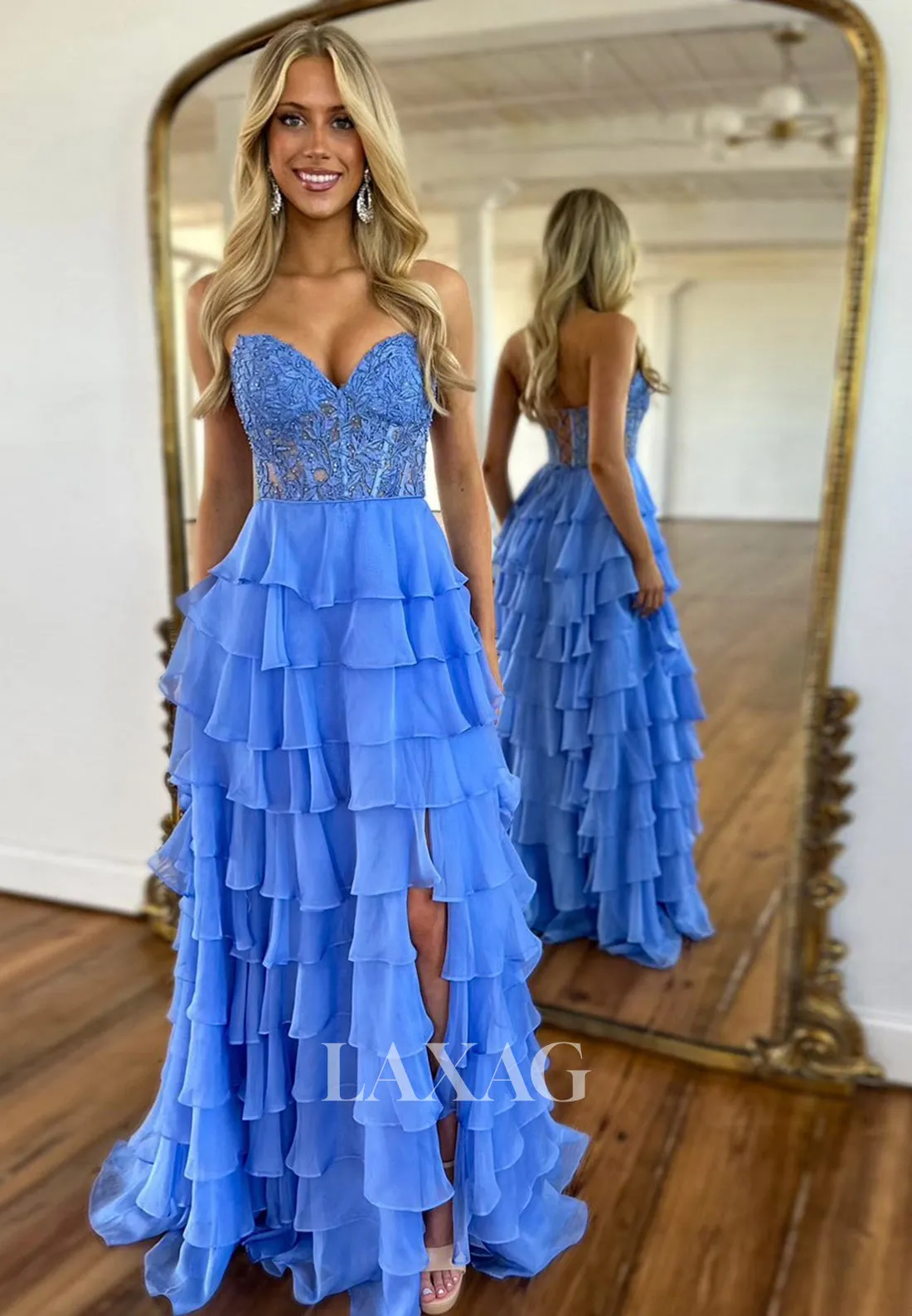 Sweetheart Off-Shoulder Sleeveless Formal Gowns Beaded Applique Pleated Tiered Chiffon Fitted Prom Dress