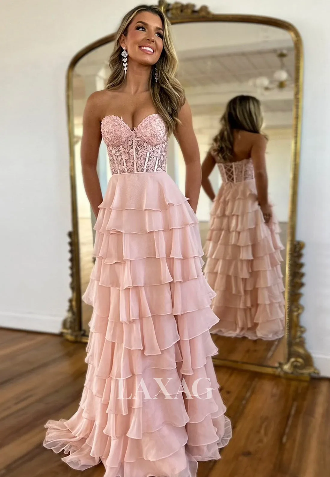 Sweetheart Off-Shoulder Sleeveless Formal Gowns Beaded Applique Pleated Tiered Chiffon Fitted Prom Dress
