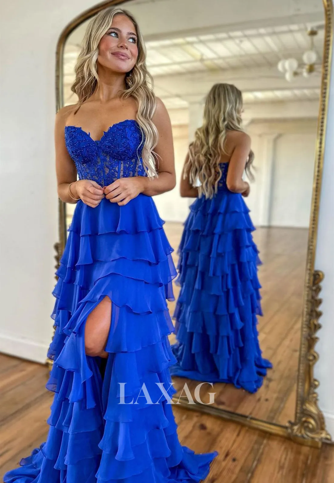Sweetheart Off-Shoulder Sleeveless Formal Gowns Beaded Applique Pleated Tiered Chiffon Fitted Prom Dress