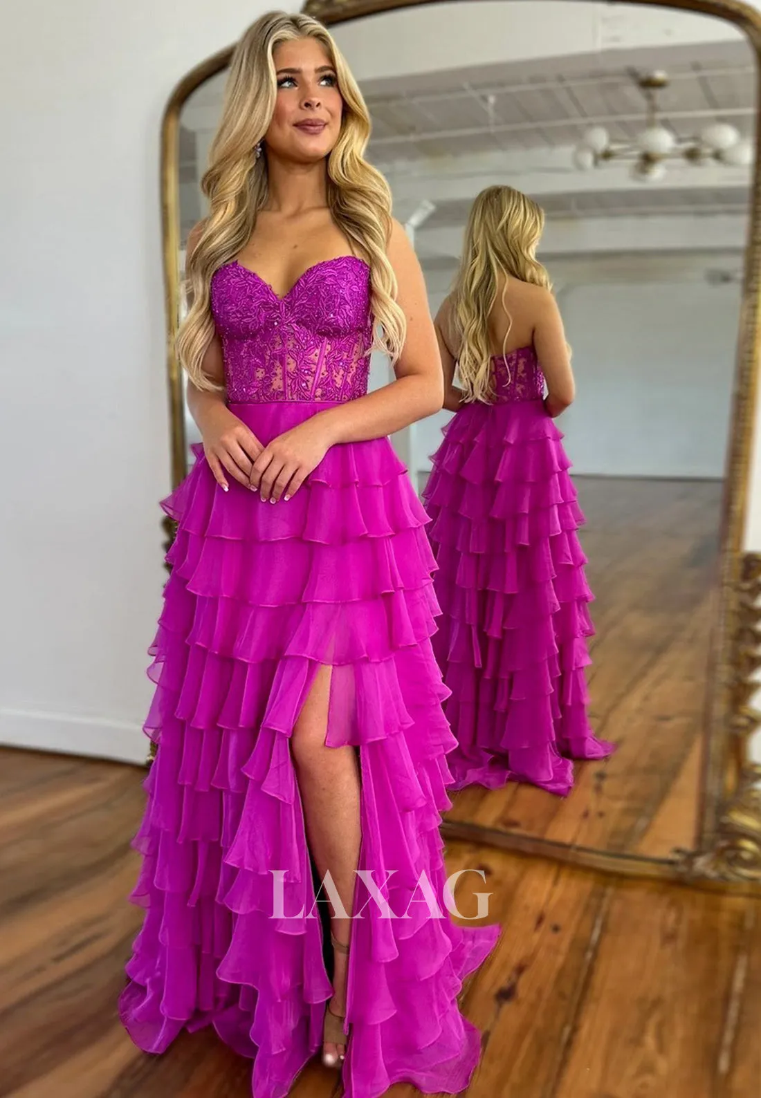 Sweetheart Off-Shoulder Sleeveless Formal Gowns Beaded Applique Pleated Tiered Chiffon Fitted Prom Dress