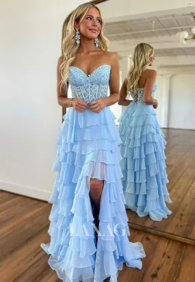 Sweetheart Off-Shoulder Sleeveless Formal Gowns Beaded Applique Pleated Tiered Chiffon Fitted Prom Dress