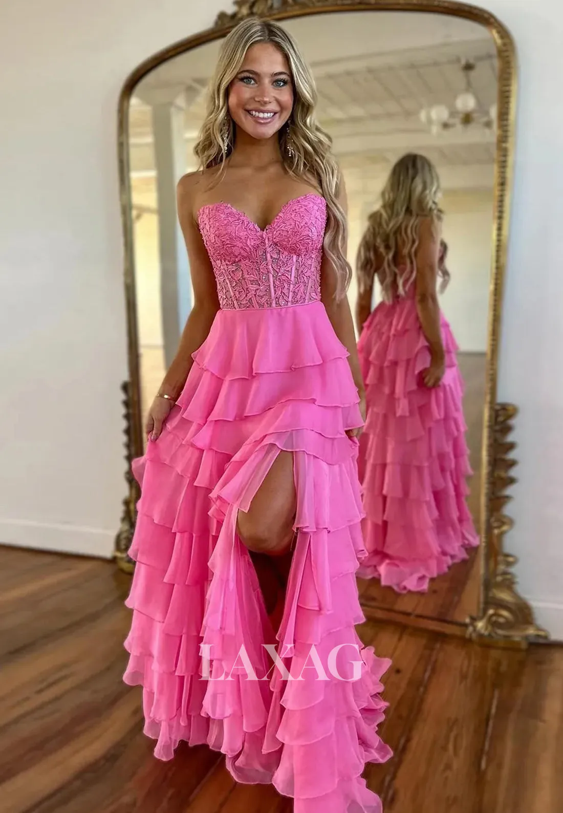 Sweetheart Off-Shoulder Sleeveless Formal Gowns Beaded Applique Pleated Tiered Chiffon Fitted Prom Dress