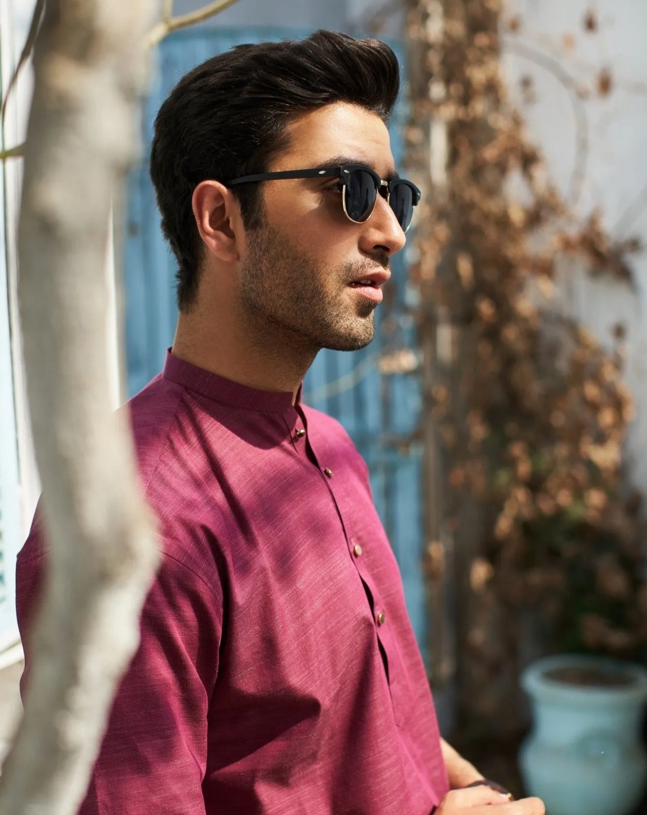 Textured Wine Cotton Kurta Trouser - Men