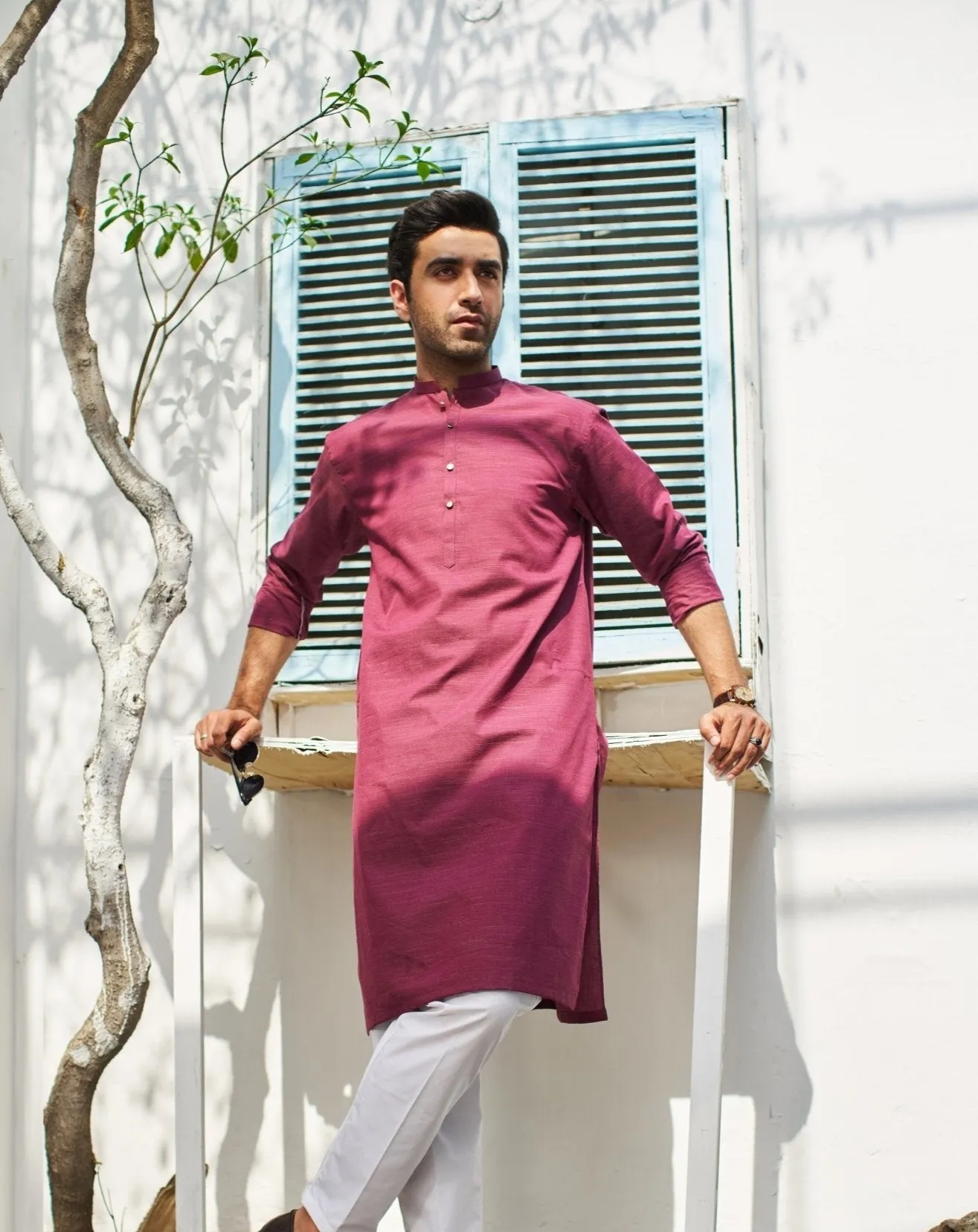 Textured Wine Cotton Kurta Trouser - Men