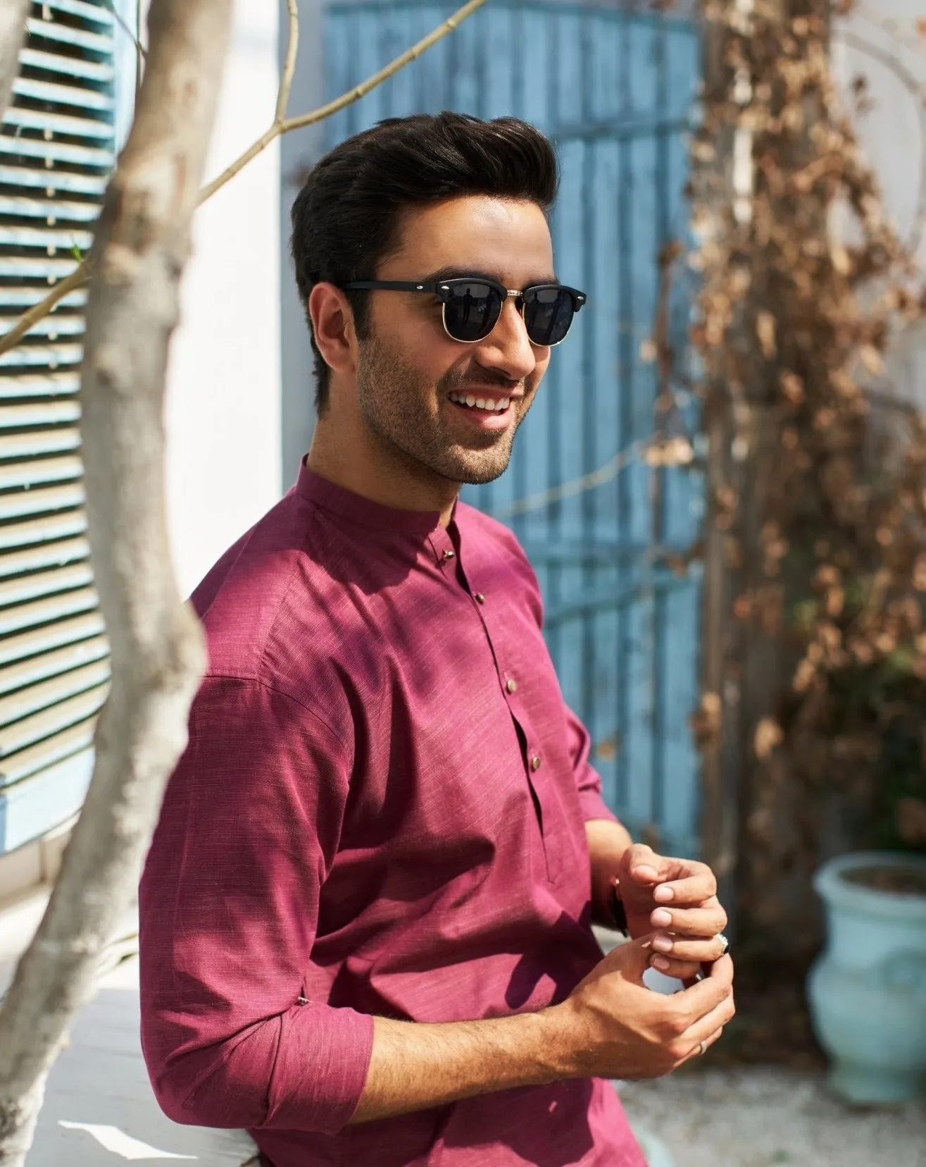 Textured Wine Cotton Kurta Trouser - Men