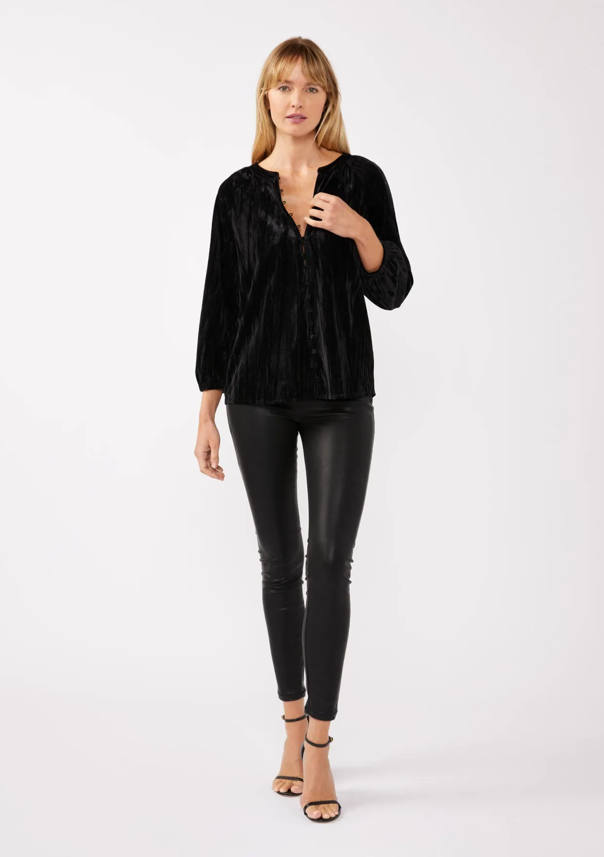 Velvet Button Front V Neck Blouse