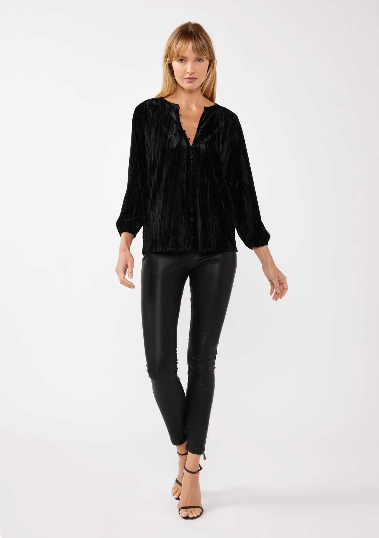 Velvet Button Front V Neck Blouse