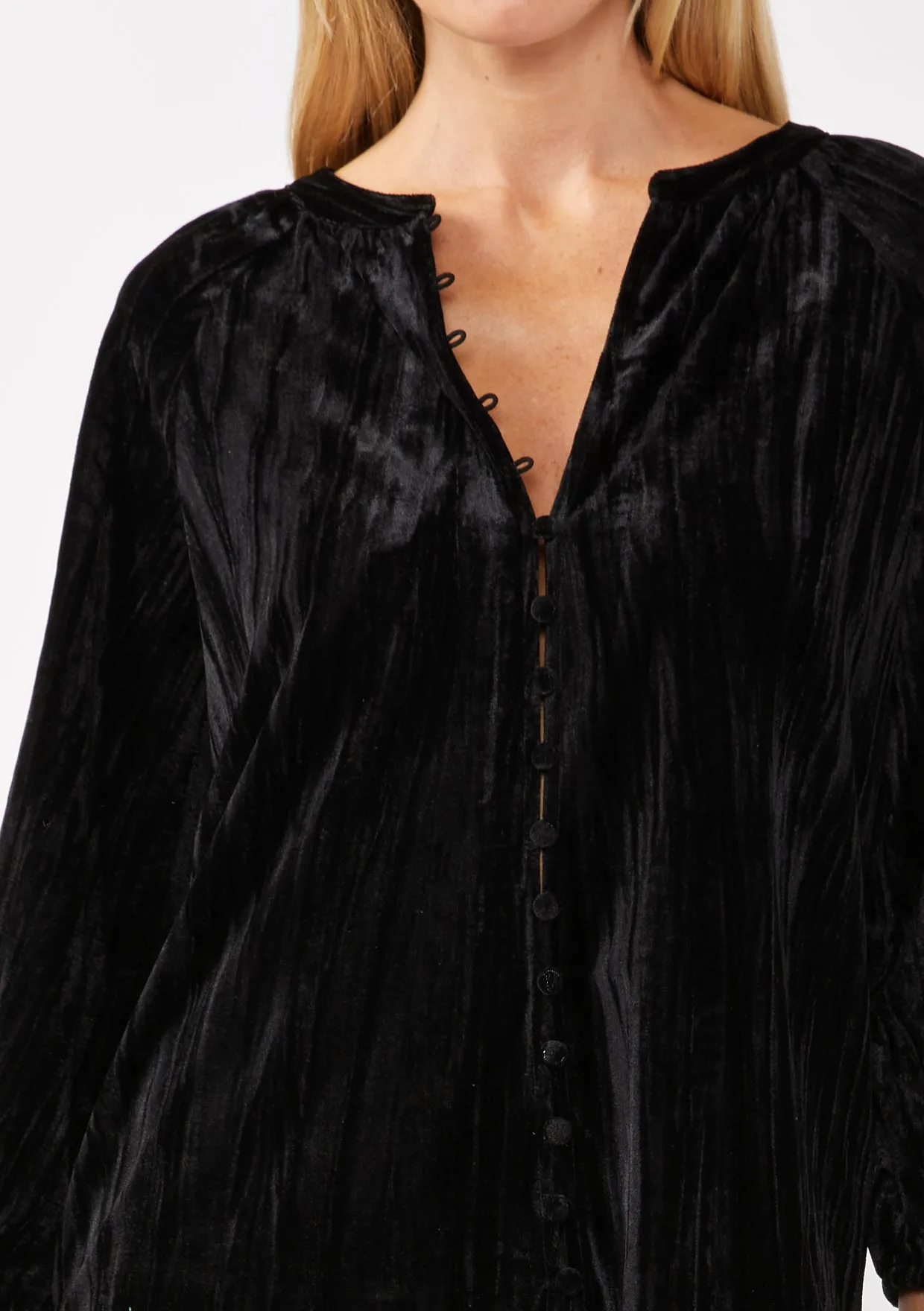 Velvet Button Front V Neck Blouse