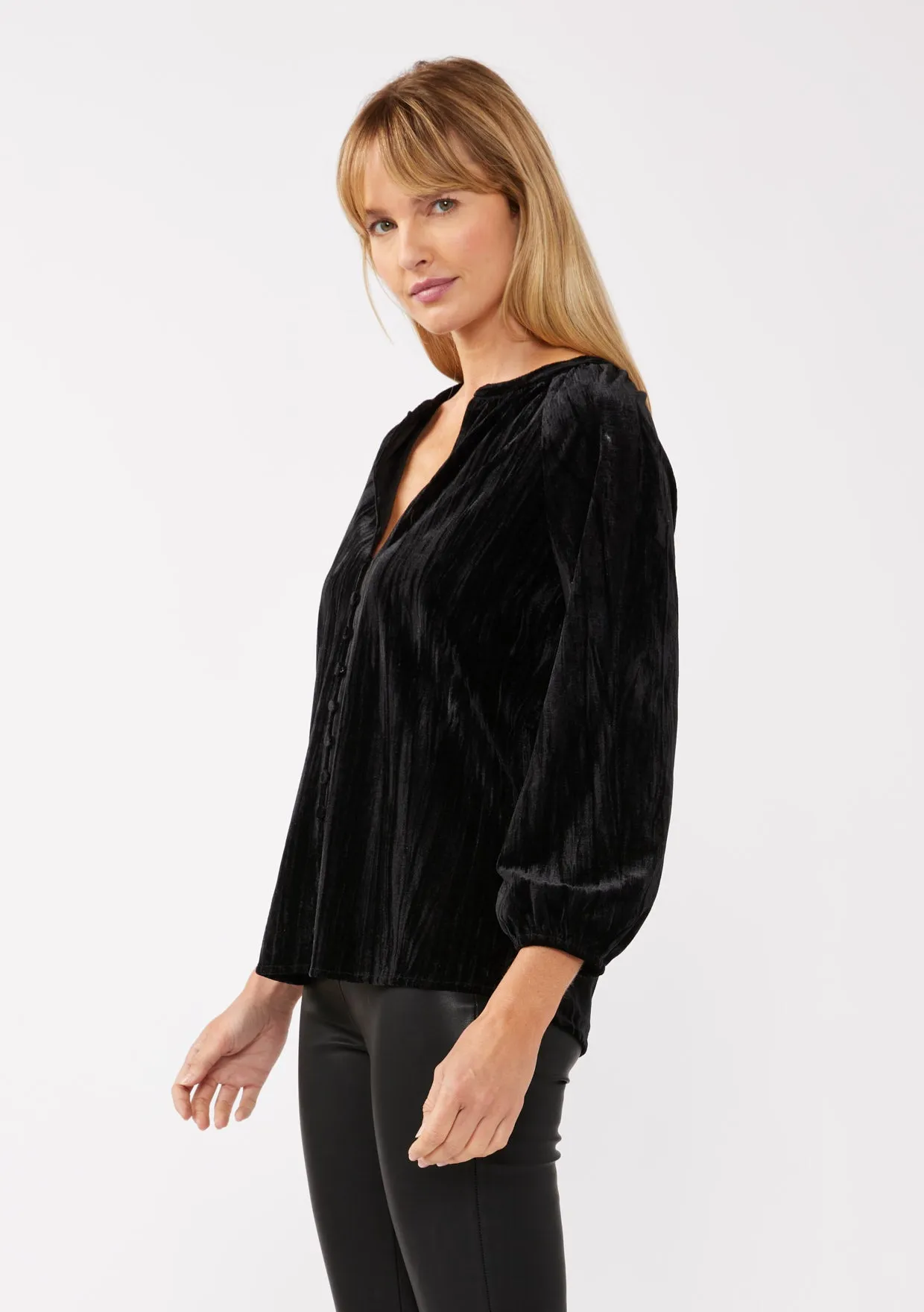 Velvet Button Front V Neck Blouse